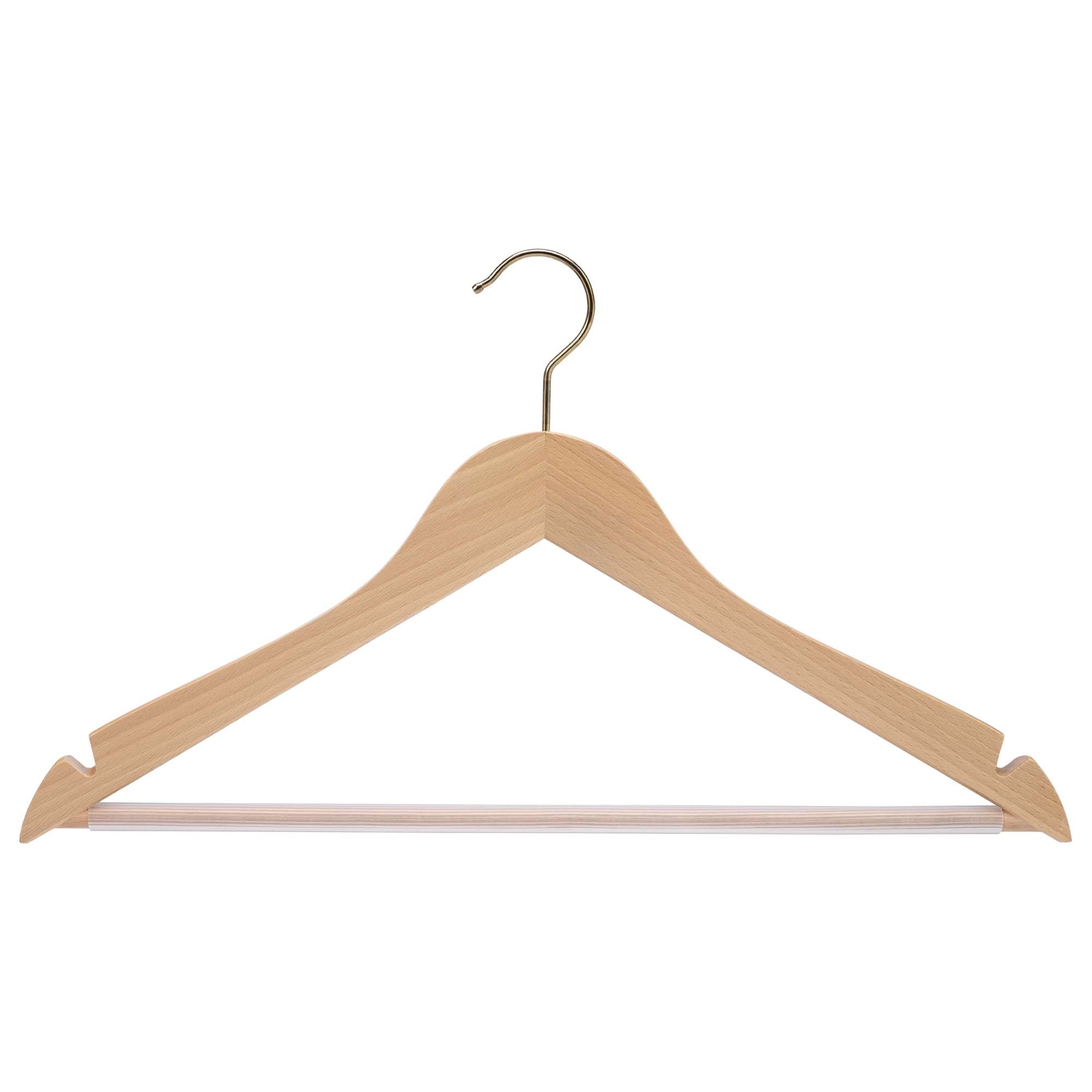 Kleiderbügel aus hellem Buchen-Holz. Kleiderbügel ausgestattet mit Hosensteg rutschfest transparent ummantelt und Kerben. Messinghaken