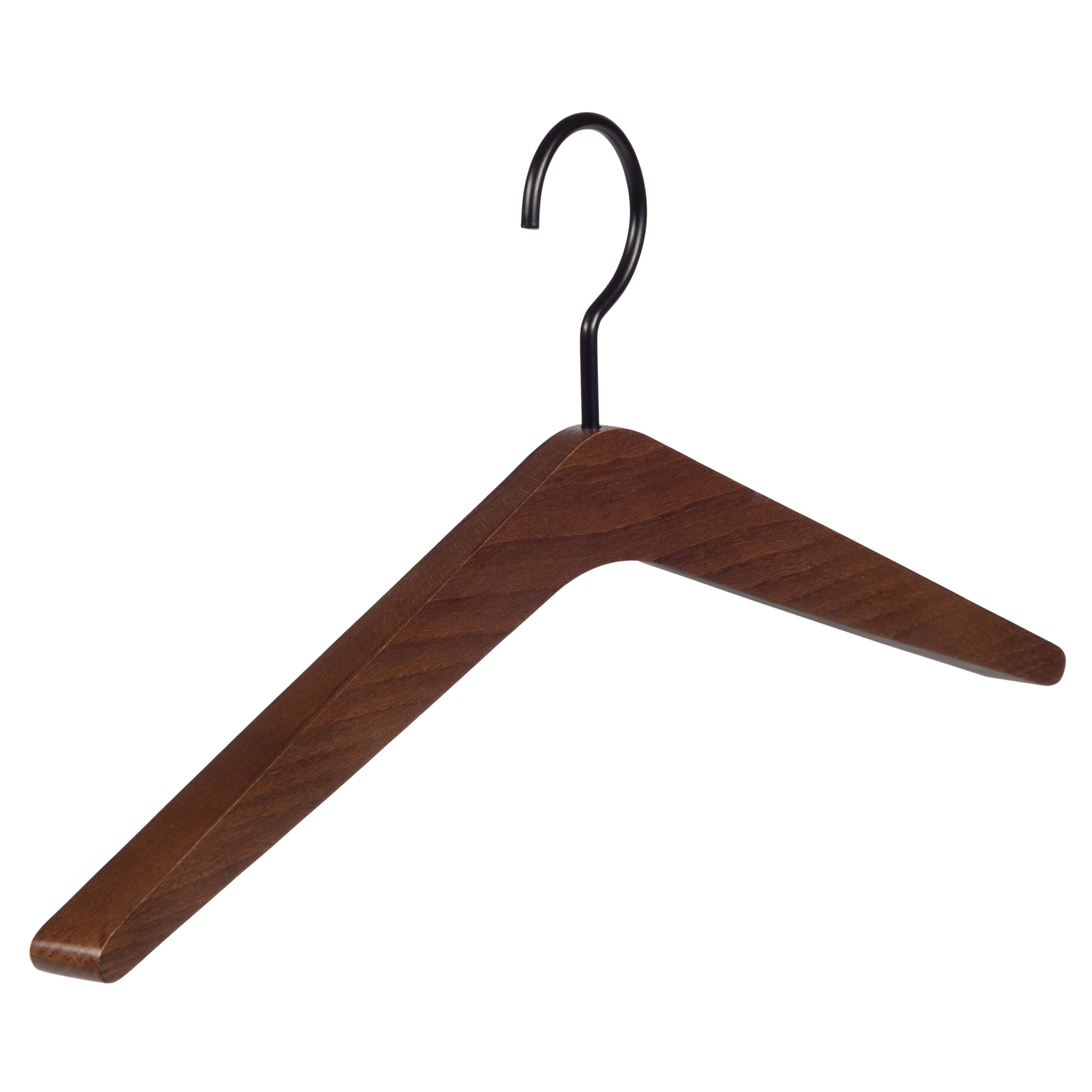 Garderobenbügel Woody, nussbaumfarben / braun mit schwarzem Haken Brauner Holzkleiderbügel mit schwarzem Metallhaken in V-Form. Perspektive