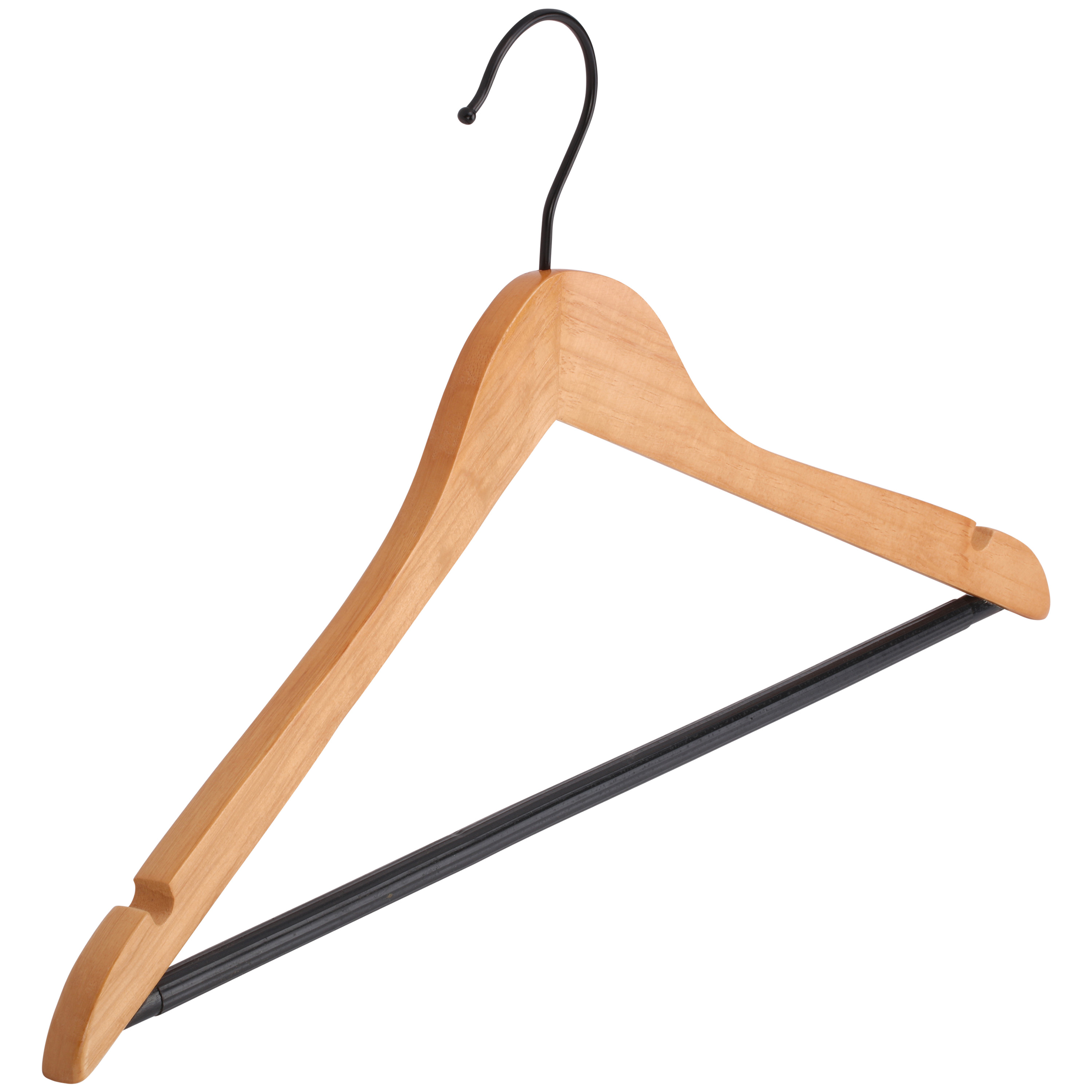 Kleiderbügel aus Holz mit schwarzem Hosensteg und Kerben – Perspektivansicht Kleiderbügel aus naturfarbenem Holz mit schwarzem Metallhaken und rutschfestem Hosensteg in schwarz und Kerben in schräger Perspektivansicht