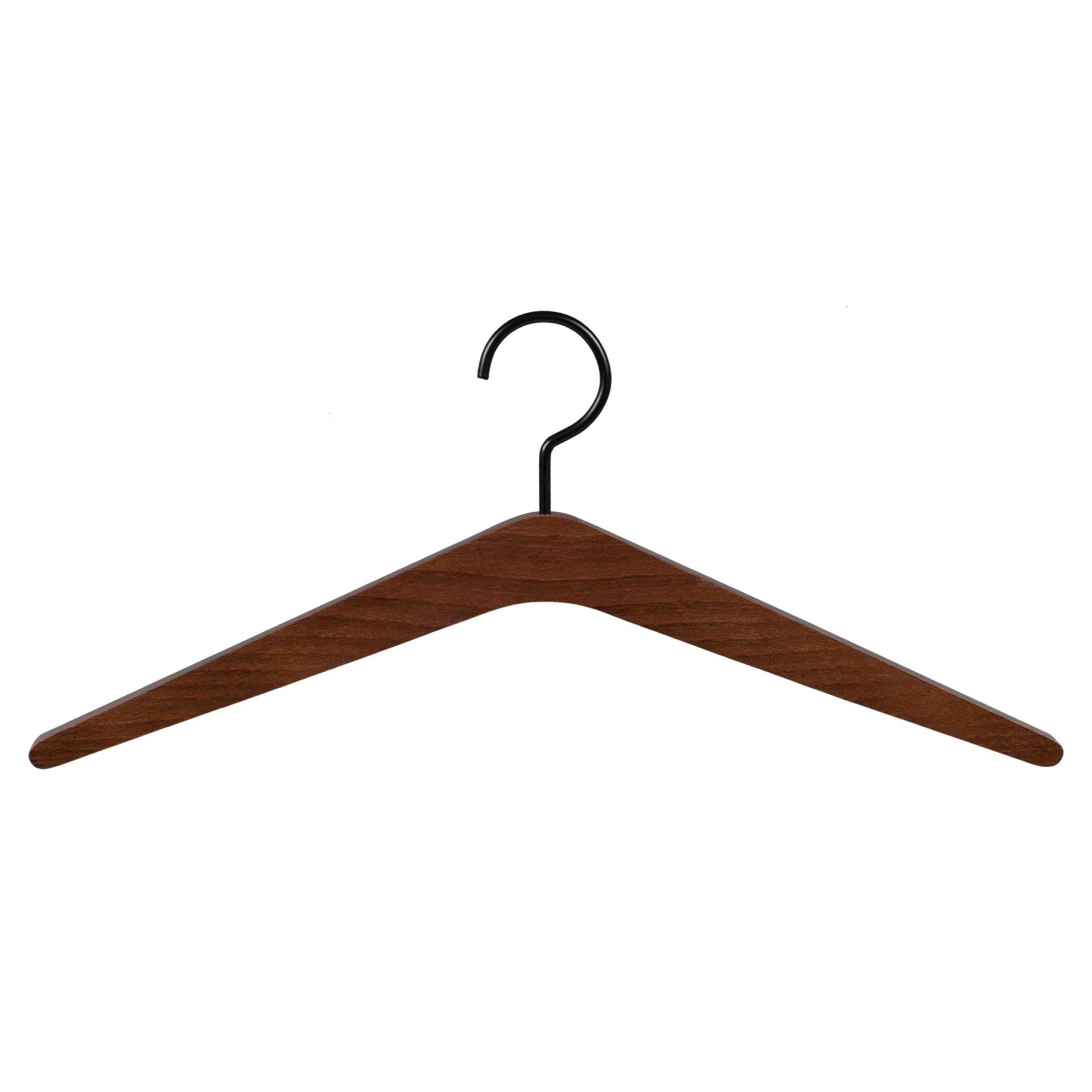 Garderobenbügel Woody, nussbaumfarben / braun mit schwarzem Haken Brauner Holzkleiderbügel mit schwarzem Metallhaken in V-Form. Frontansicht